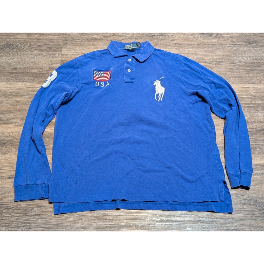 Polo Ralph Lauren Mens‎ XL Custom Fit Long Sleeve Big Pony USA Flag Polo READ